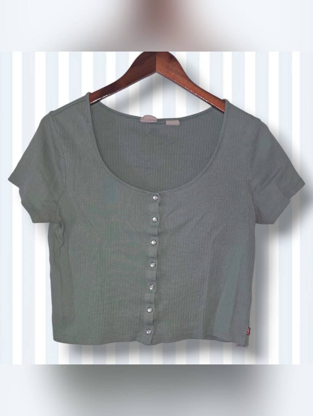 L - Levi's Sage Green Button Front Ribbed Knit Crop Top